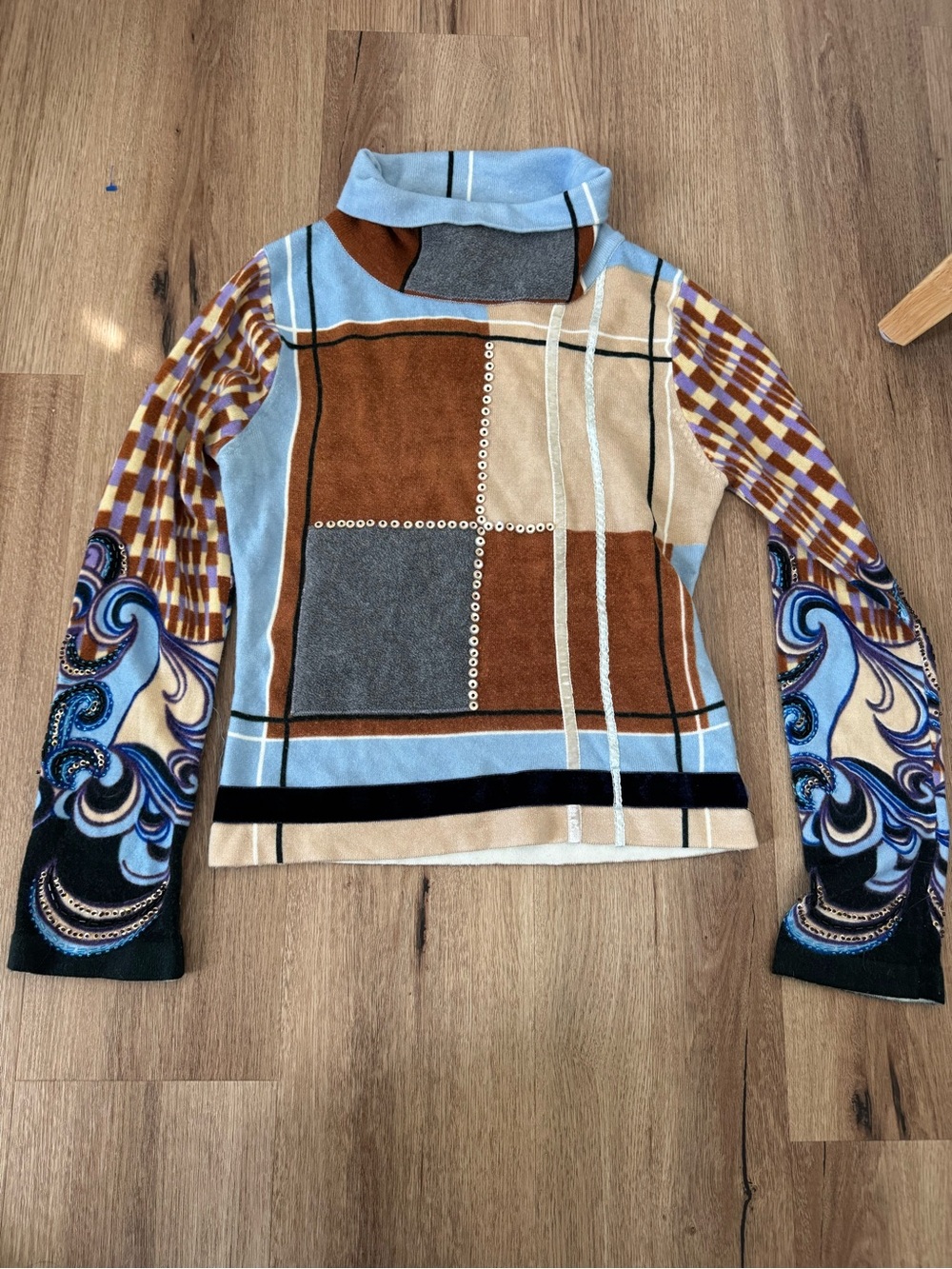 Vintage Y2K Jane Doe Patchwork Cowl Neck Sweater w/ beadwork sleeves